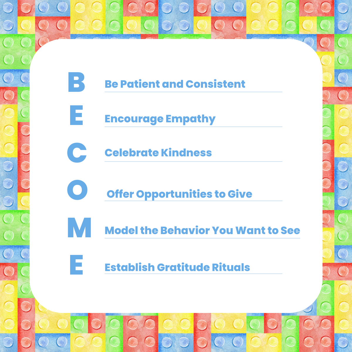 B.E.C.O.M.E. framework text over lego background.